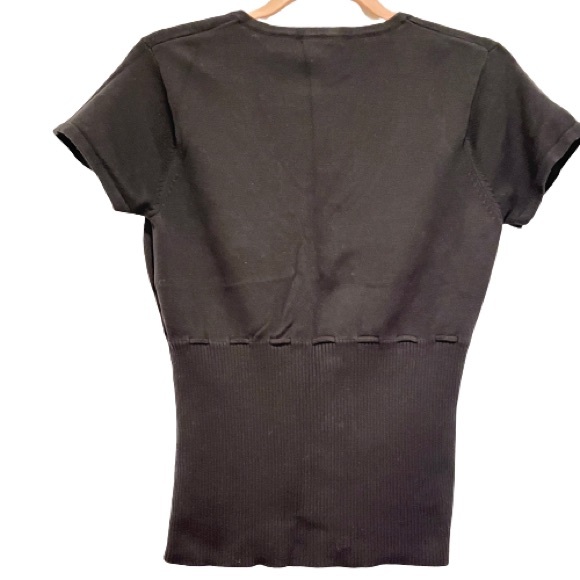 Black V-Neck Knit Short Sleeve Sweater Top with Woven Waist Tie and Ribbed Hem. - Picture 2 of 5